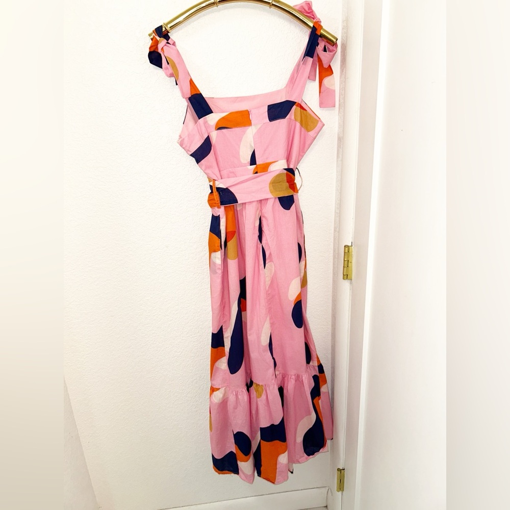 CIEBON The Roma 💯 Cotton Belted Maxi Dress Tie Straps Pink Abstract SZ: Small - Picture 15 of 15